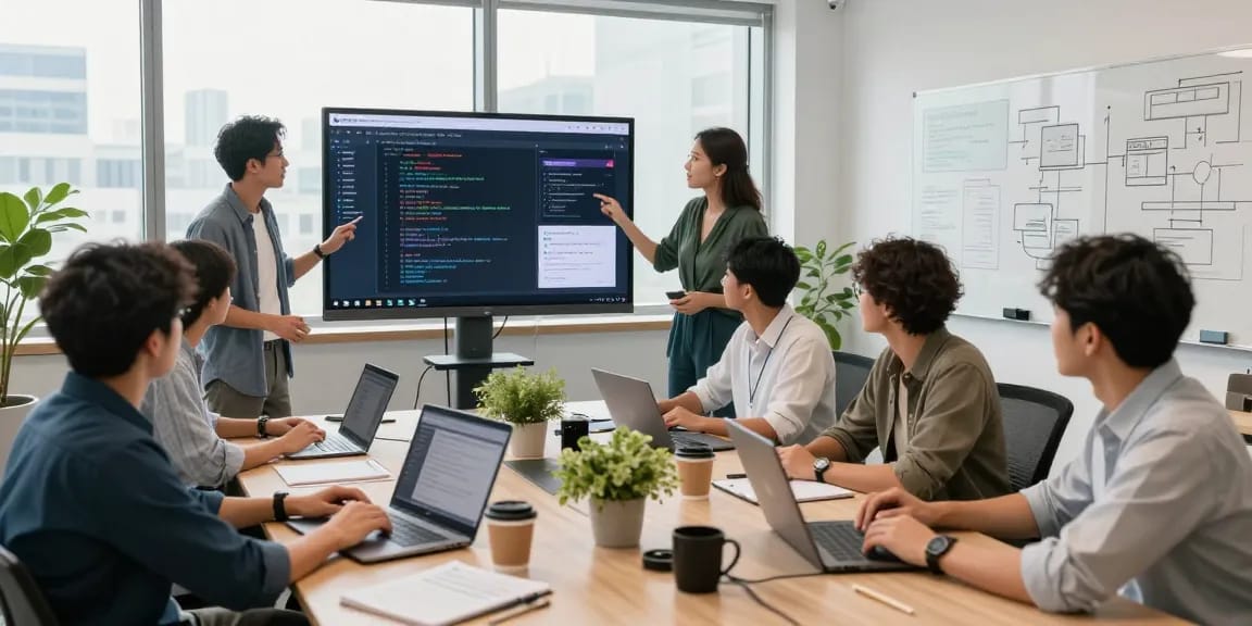 Developers collaborating in a bright office showcasing WPS Official Website dynamics and teamwork.