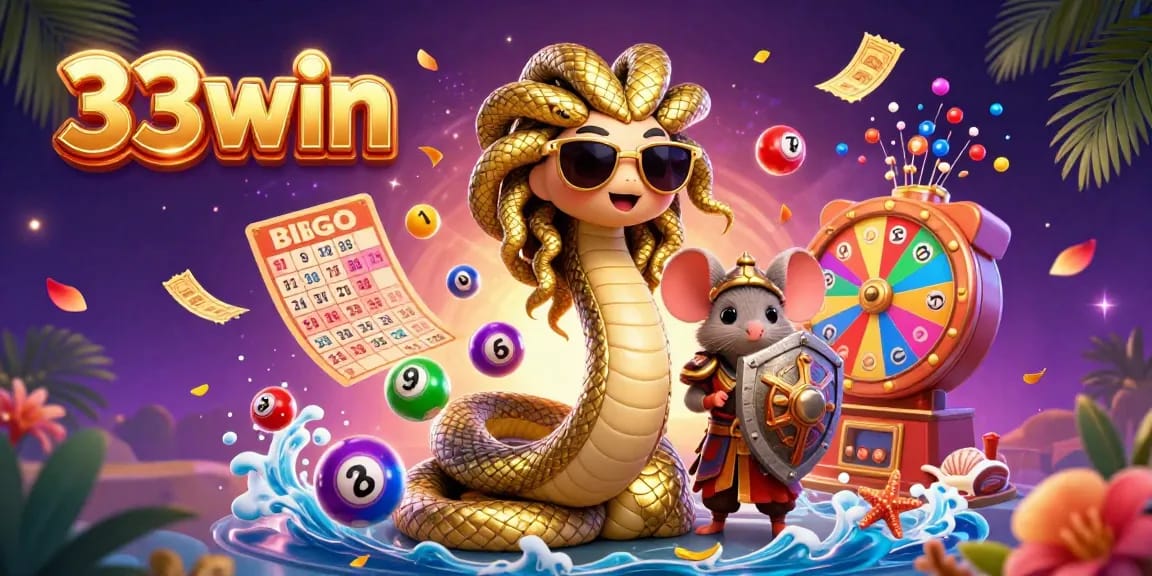 Engage in lottery excitement with the 33win illustration featuring Medusa and a warrior mouse.