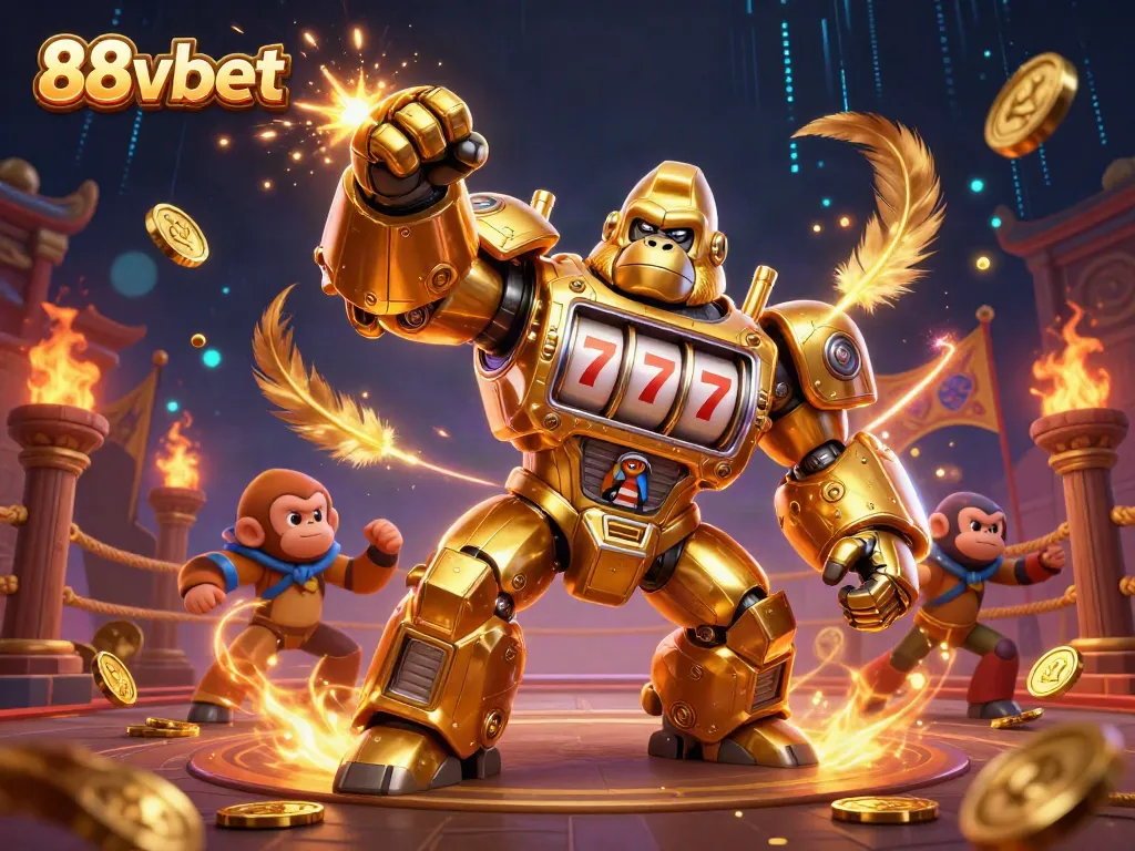 Experience the thrill at 88vbet with a dynamic scene featuring a golden gorilla mech and slot machine elements.