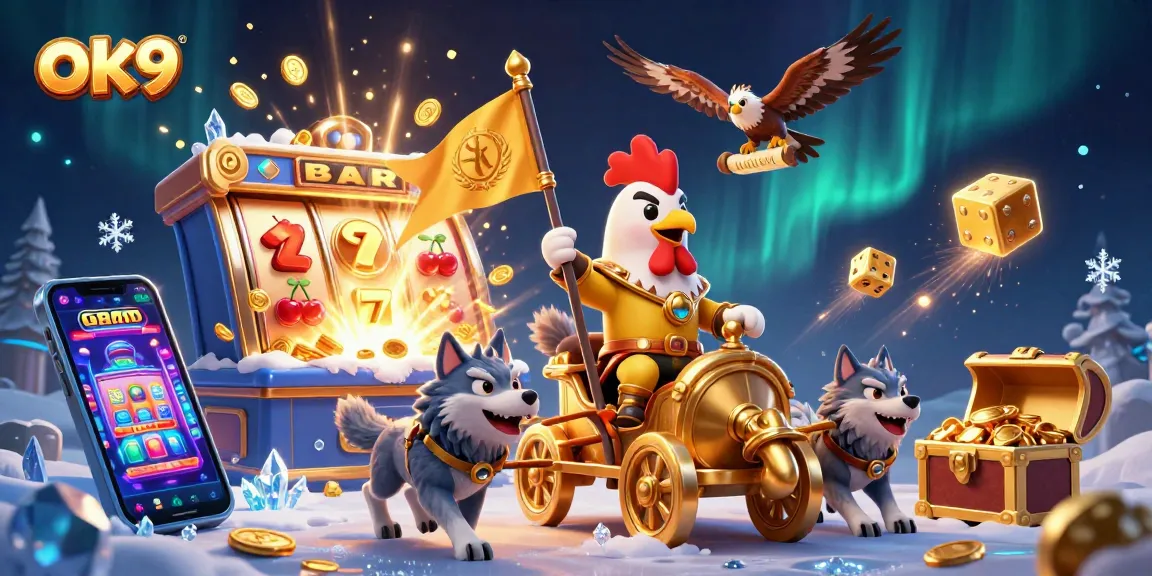 Experience thrilling wins at ok9 with a cartoon rooster warlord amidst dazzling casino elements and jackpots.
