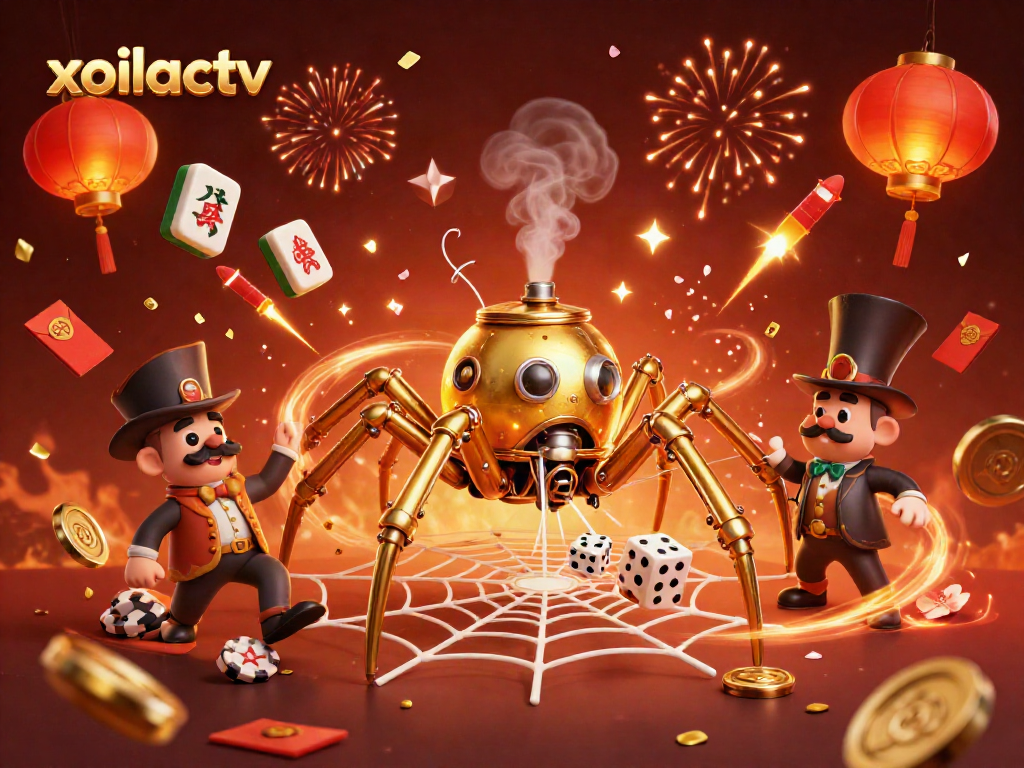 Xoilactv showcases a whimsical 3D spider webbing golden chains and poker chips, capturing the thrill of casino gaming.