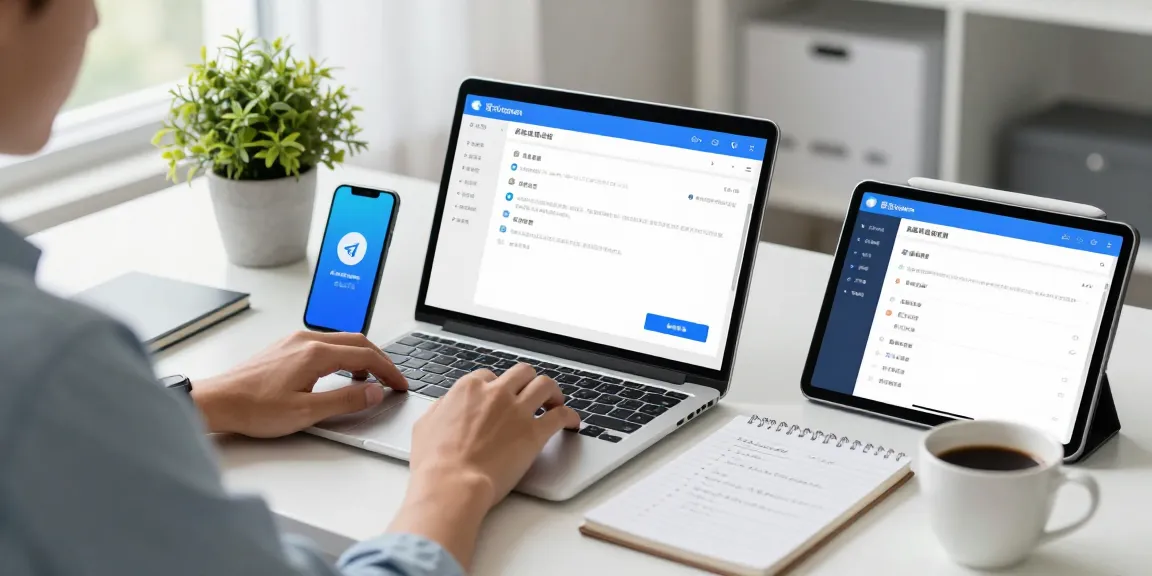 Telegram Chinese setup tutorial in a modern workspace with tech devices, coffee, and notepad.
