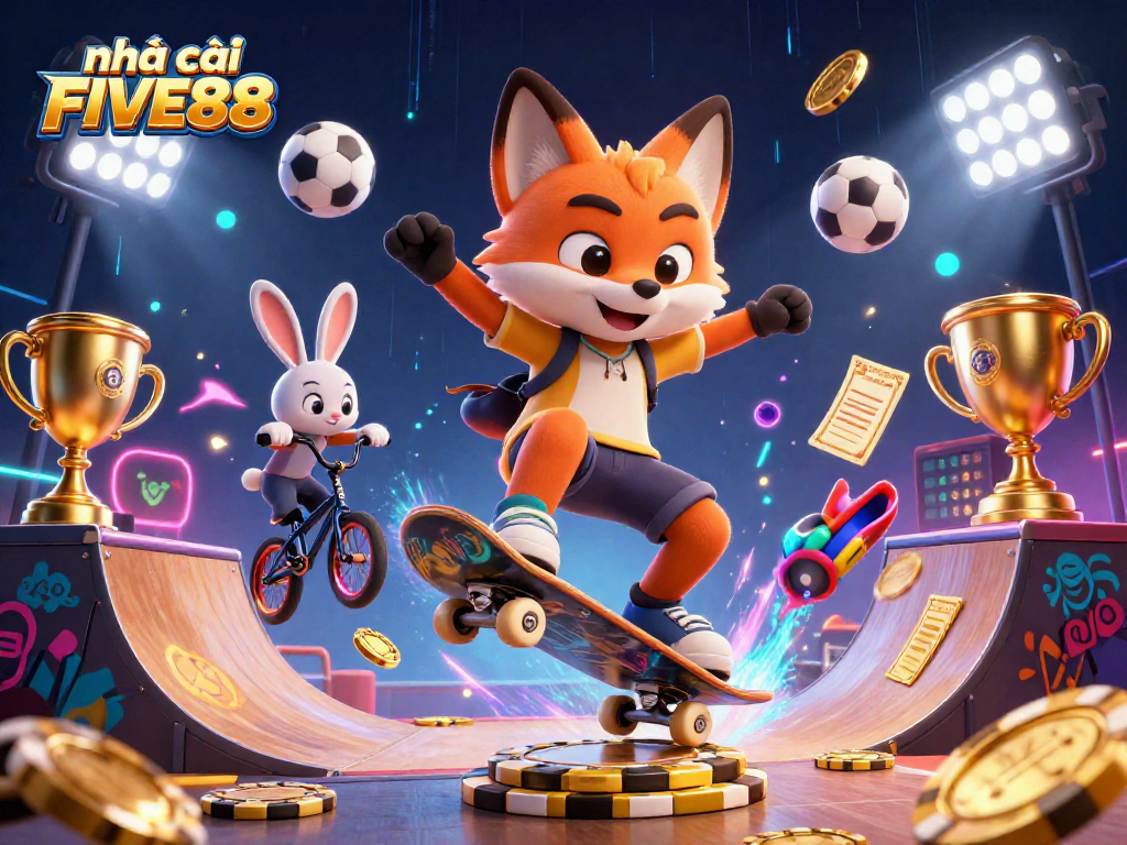 Engage with nhà cái FIVE88 through this lively casino scene showcasing sports and casino elements.