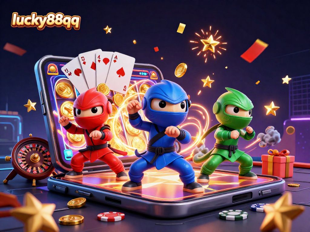 Watch the lucky88qq ninja chameleons, vibrant slot games, and thrilling casino elements in this action-packed scene.