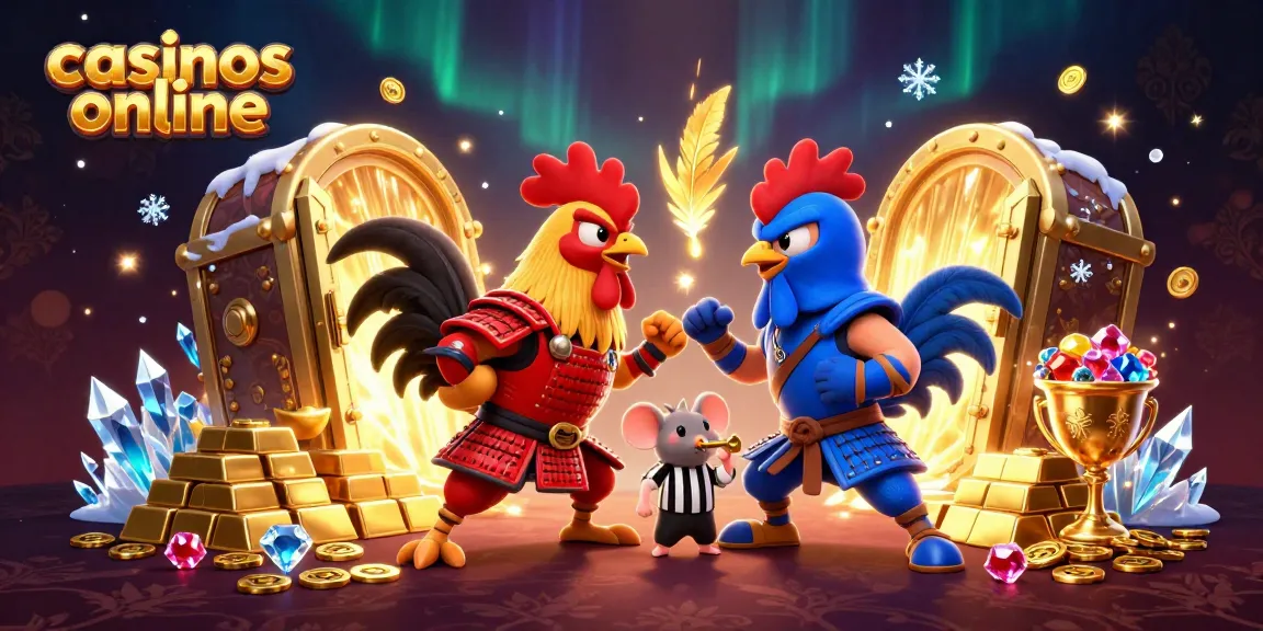Engage with casinos online as fighting roosters battle among dazzling treasures in this vibrant 3D scene.