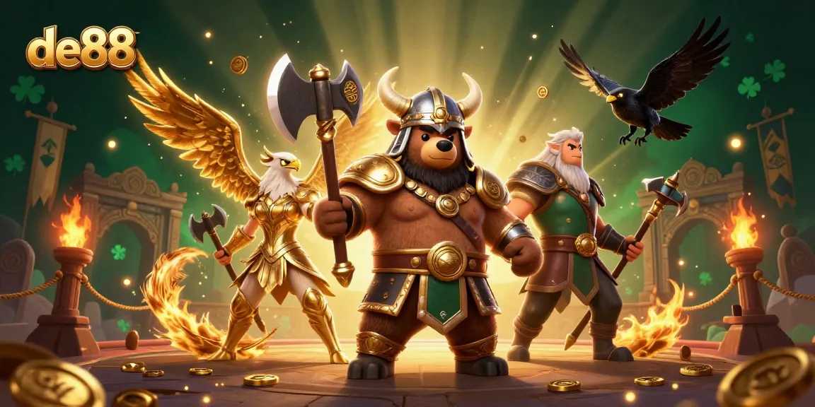 Engage with de88's thrilling atmosphere featuring a Viking berserker and Valkyrie eagle amidst casino excitement.