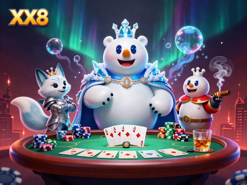 Engage in exciting poker action with XX8, featuring an ice king polar bear and a snow fox amidst vibrant casino elements.