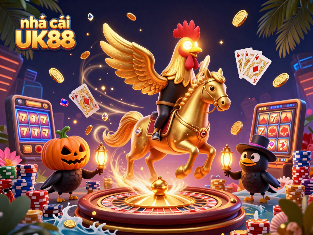 Experience thrilling moments at nhà cái UK88 with vibrant 3D casino imagery, showcasing golden jackpots and vivid gameplay.