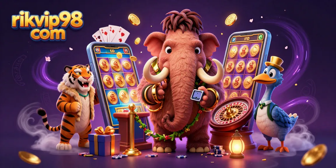 Experience online gaming dynamics at rikvip98 com with a vibrant 3D casino illustration showcasing rich game elements.