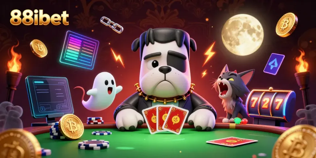 Experience thrilling gaming at 88ibet with a dynamic scene featuring a cartoon bulldog dealer and more.