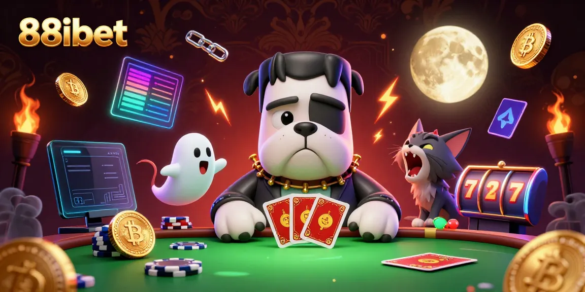 Experience thrilling gaming at 88ibet with a dynamic scene featuring a cartoon bulldog dealer and more.