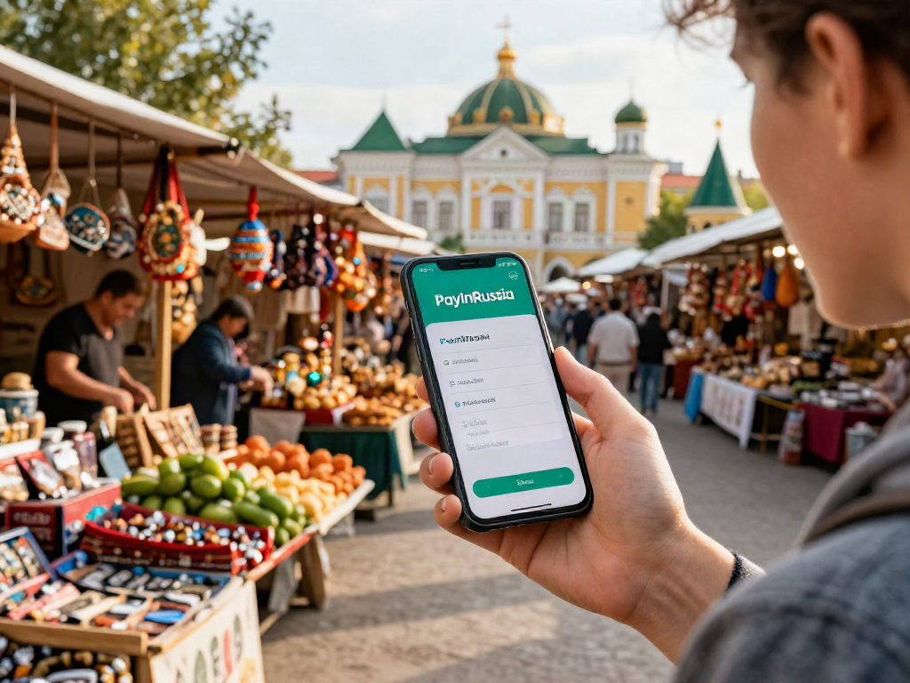 Uso de la app https://payinrussia.com/ en un bazar ruso con vendedores locales y productos frescos.