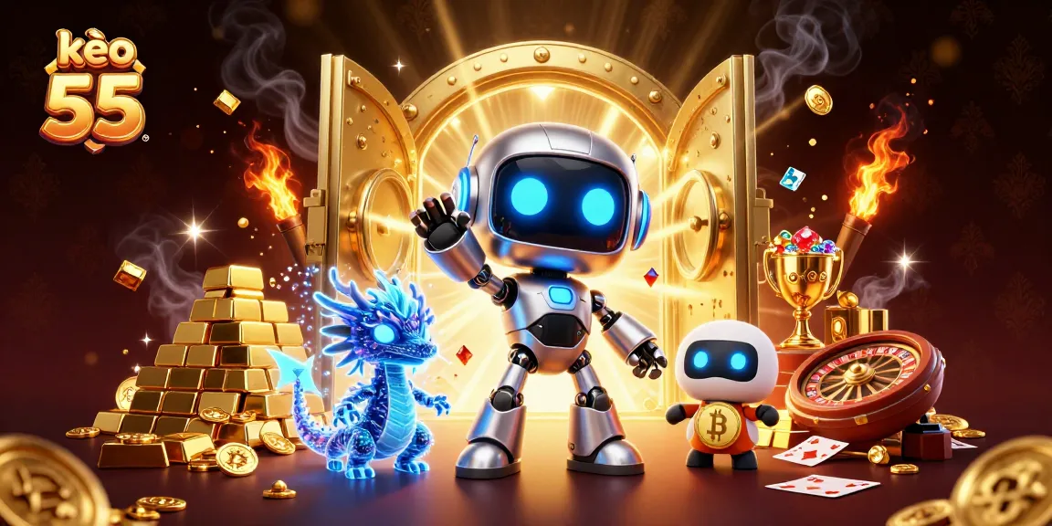 Bet on kèo nhà cái 55 with a vibrant 3D illustration featuring a cyberpunk robot, AI dragon, and drone, showcasing excitement.