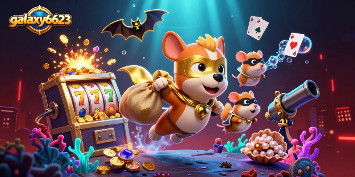 Explore thrilling wins at galaxy6623 with a superhero dog flying, gold coins, and slots in action.