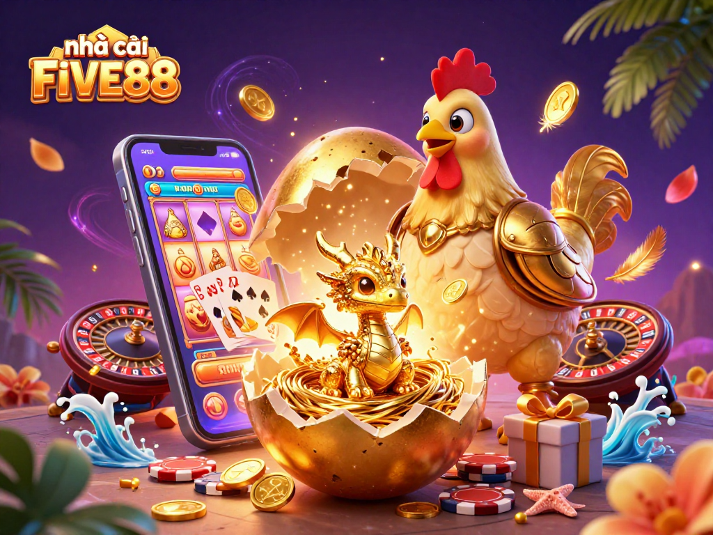 Experience the excitement of nhà cái FIVE88 with a golden dragon emerging from riches in this vibrant casino scene.