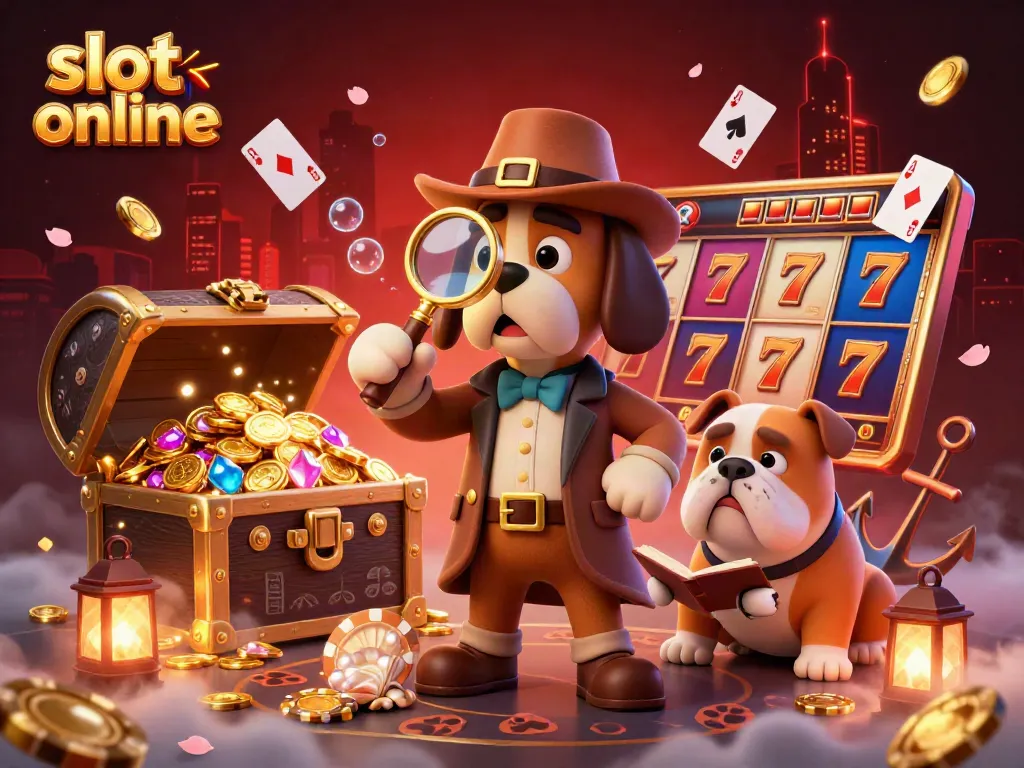 Engage with thrilling slot online adventures in a vibrant 3D illustration showcasing a detective and companion amidst casino treasures.