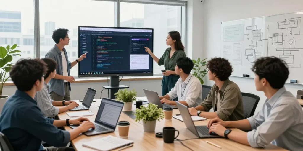 Developers collaborating in a bright office showcasing WPS Official Website dynamics and teamwork.