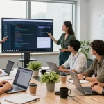 Developers collaborating in a bright office showcasing WPS Official Website dynamics and teamwork.