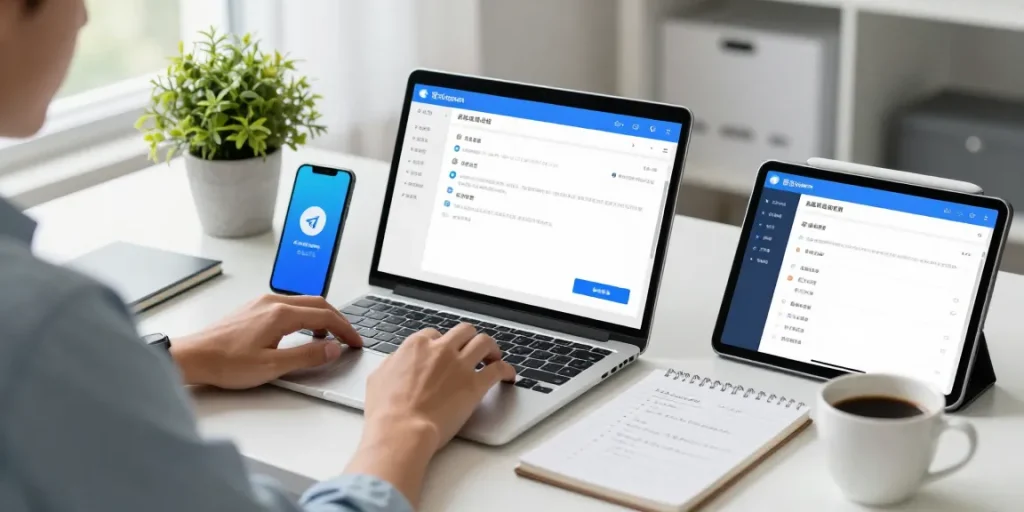 Telegram Chinese setup tutorial in a modern workspace with tech devices, coffee, and notepad.
