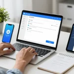 Telegram Chinese setup tutorial in a modern workspace with tech devices, coffee, and notepad.
