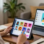 Engaging interaction scene with crush on ai, showcasing AI chat on tablet in cozy home.