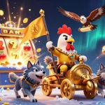 Experience thrilling wins at ok9 with a cartoon rooster warlord amidst dazzling casino elements and jackpots.