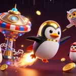 Engage in sunwin đổi thưởng 2026 with a dynamic 3D illustration showcasing a golden penguin in space.