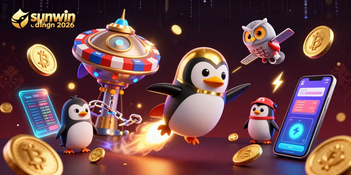 Engage in sunwin đổi thưởng 2026 with a dynamic 3D illustration showcasing a golden penguin in space.