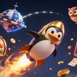 Experience thrills with MM99 LOCKER as a penguin rockets towards a casino space station among vibrant gambling elements.