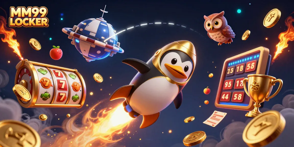 Experience thrills with MM99 LOCKER as a penguin rockets towards a casino space station among vibrant gambling elements.